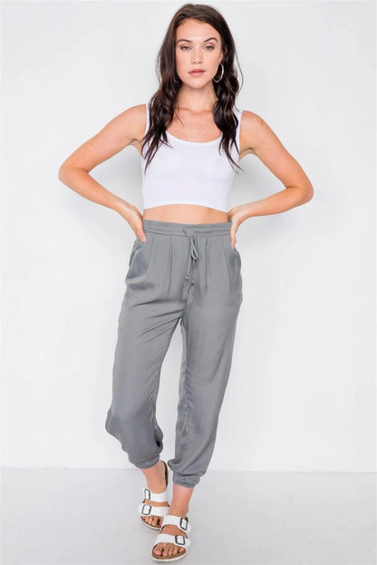 Ash Olive High Slit Satin Harem Ankle Pants /3-2-1
