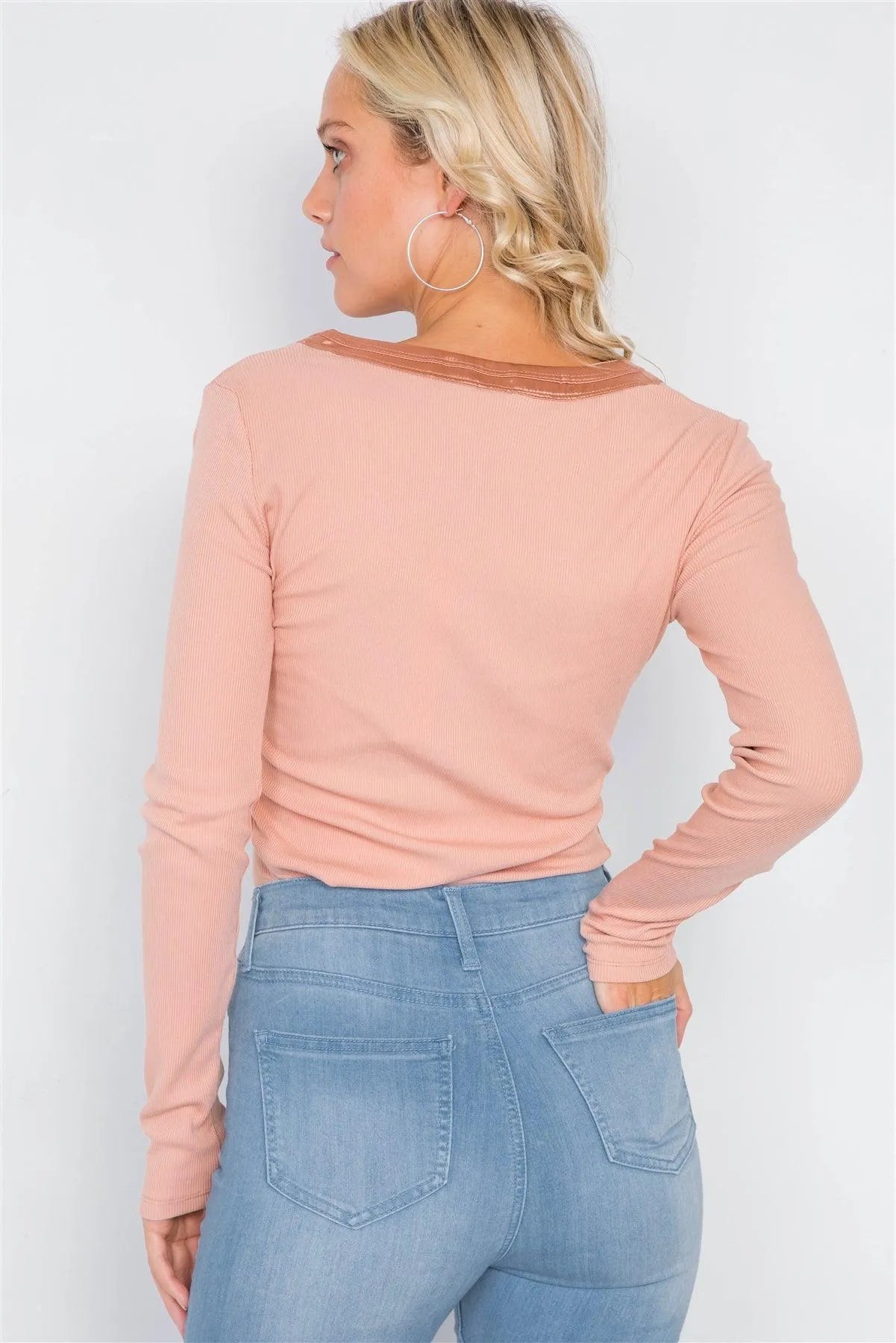 Baked Peach Satin Scoop Neck Ribbed Long Sleeve Top /3-2-1