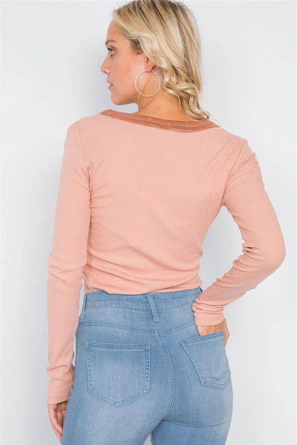 Baked Peach Satin Scoop Neck Ribbed Long Sleeve Top /3-2-1