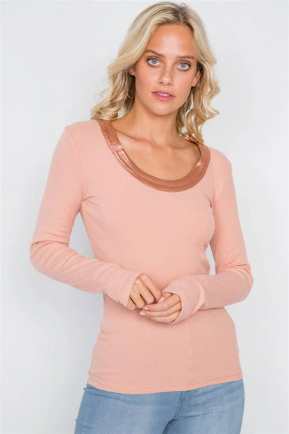 Baked Peach Satin Scoop Neck Ribbed Long Sleeve Top /3-2-1