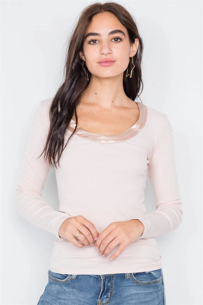 Beige Satin Scoop Neck Ribbed Long Sleeve Top /3-2-1