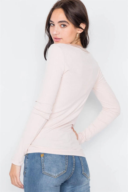 Beige Satin Scoop Neck Ribbed Long Sleeve Top /3-2-1