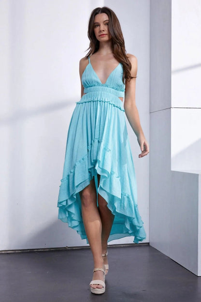 Asymmetric Ruffle Bottom Hem Open Back Cutout Dress