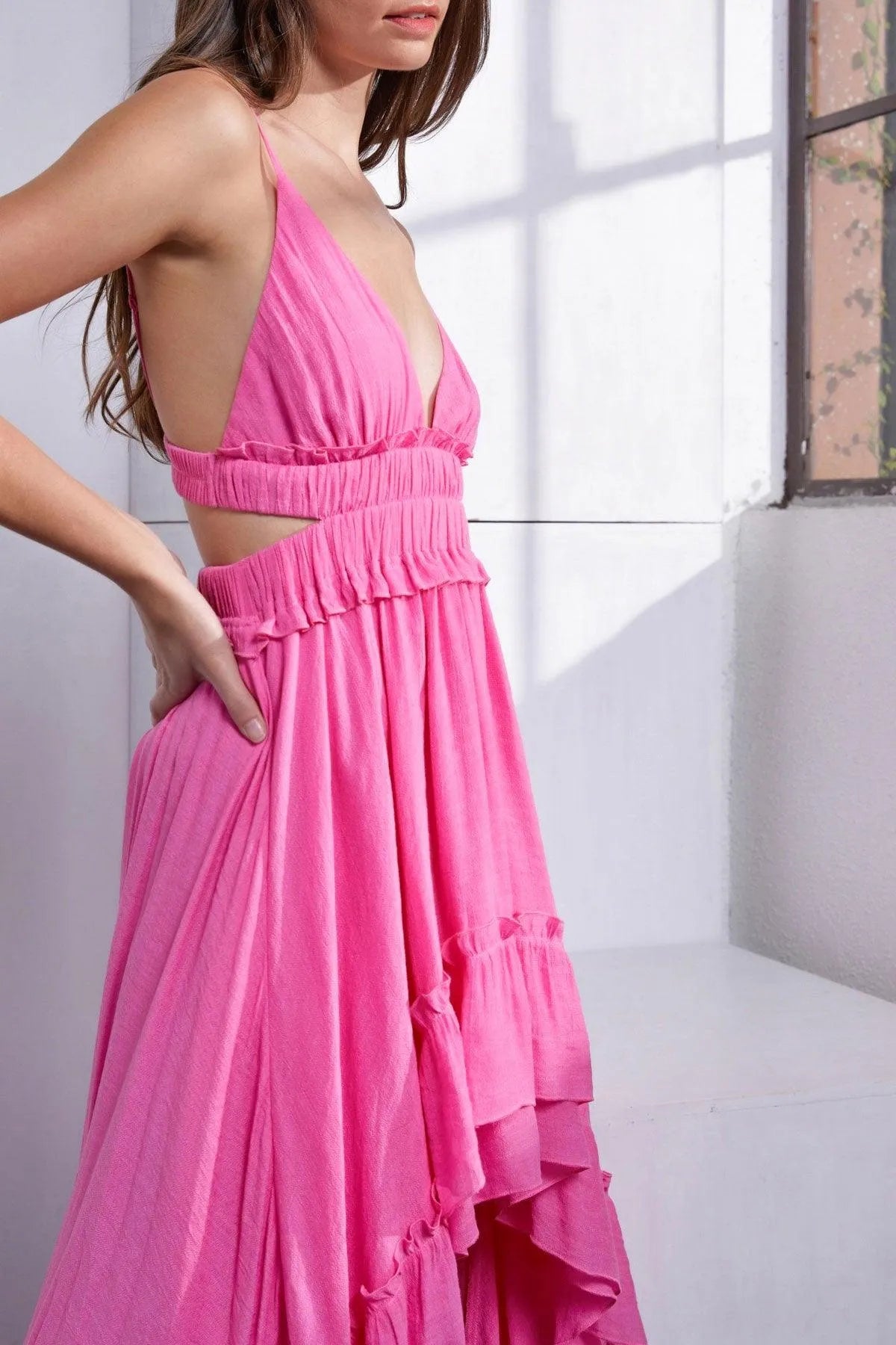 Asymmetric Ruffle Bottom Hem Open Back Cutout Dress