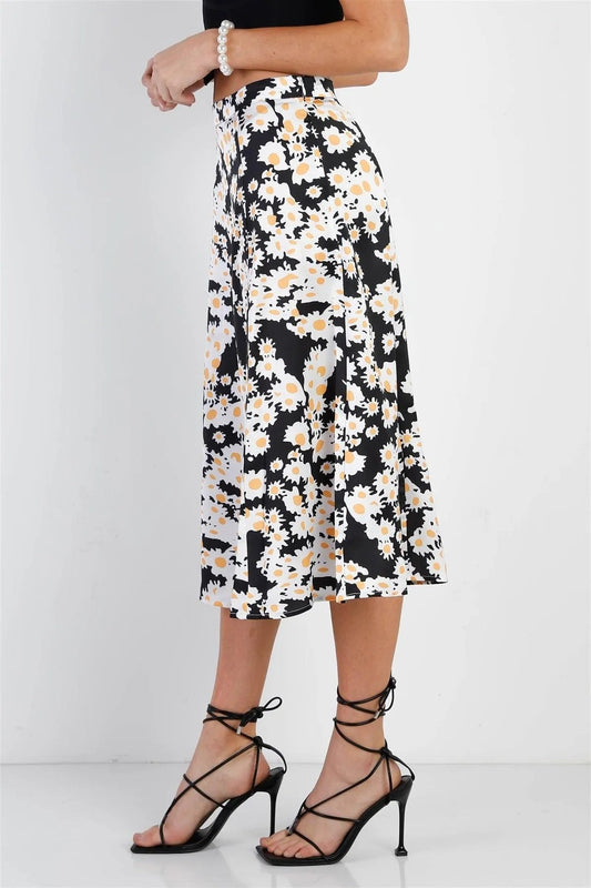 "Daisy" Print Black Multi Color Satin Effect Midi Slip Skirt /1-3-2