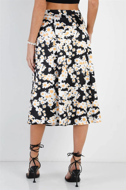 "Daisy" Print Black Multi Color Satin Effect Midi Slip Skirt /1-3-2