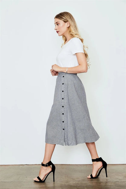 Black Gingham Print Side Button Midi Skirt /2-2-2