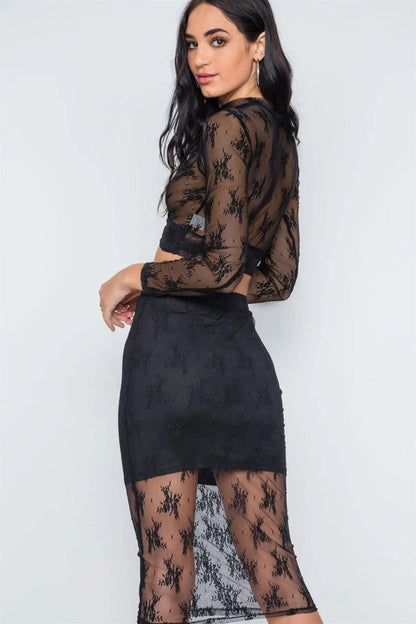 Black Foral Lace High Waist Stretchy Midi Skirt /3-2-1