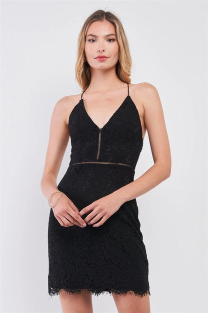 Black Floral Lace V-Neck Sleeveless Strappy Back Fitted Mini Dress /1-2-2-1