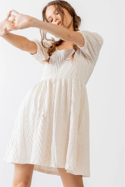Beige Cable Knit Puff Short Sleeve Back Tie Mini Dress /2-2-2
