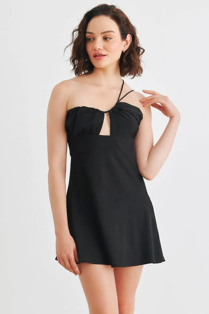 Black Asymmetrical Cut-Out Neck One Shoulder Sleeveless Mini Dress /1-2-2-1