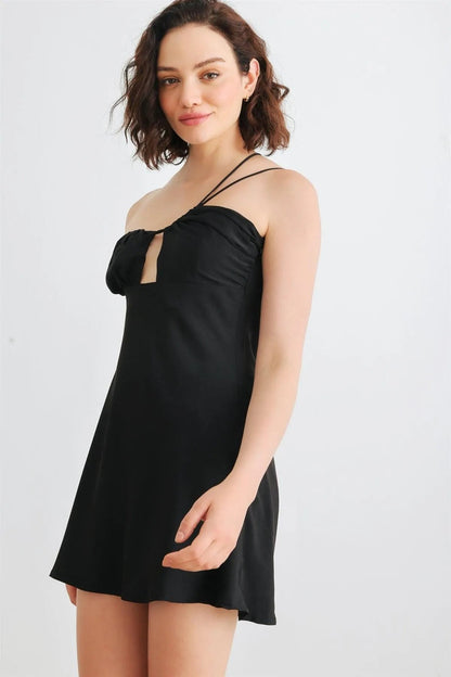 Black Asymmetrical Cut-Out Neck One Shoulder Sleeveless Mini Dress /1-2-2-1