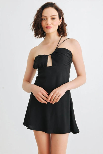 Black Asymmetrical Cut-Out Neck One Shoulder Sleeveless Mini Dress /1-2-2-1