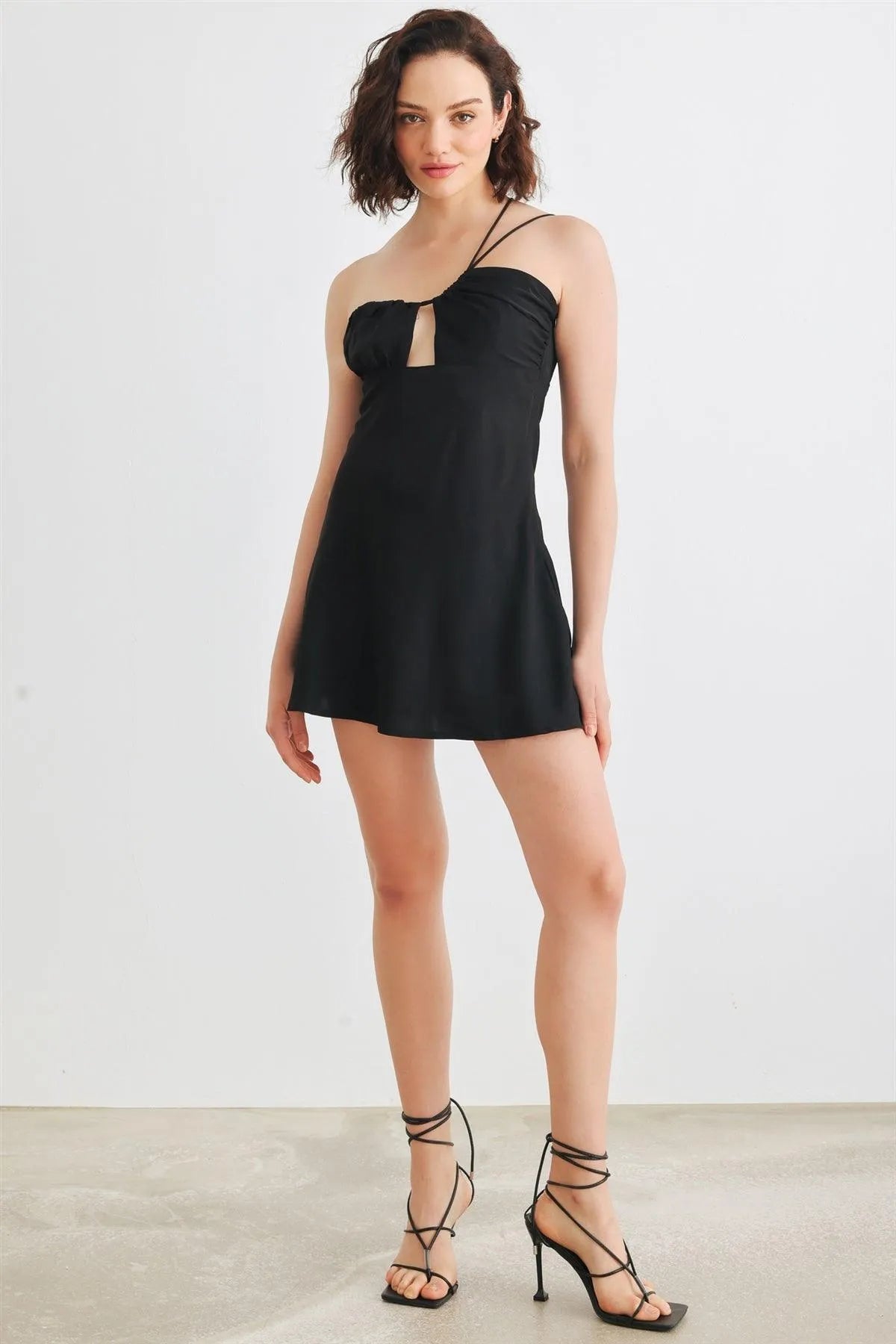 Black Asymmetrical Cut-Out Neck One Shoulder Sleeveless Mini Dress /1-2-2-1