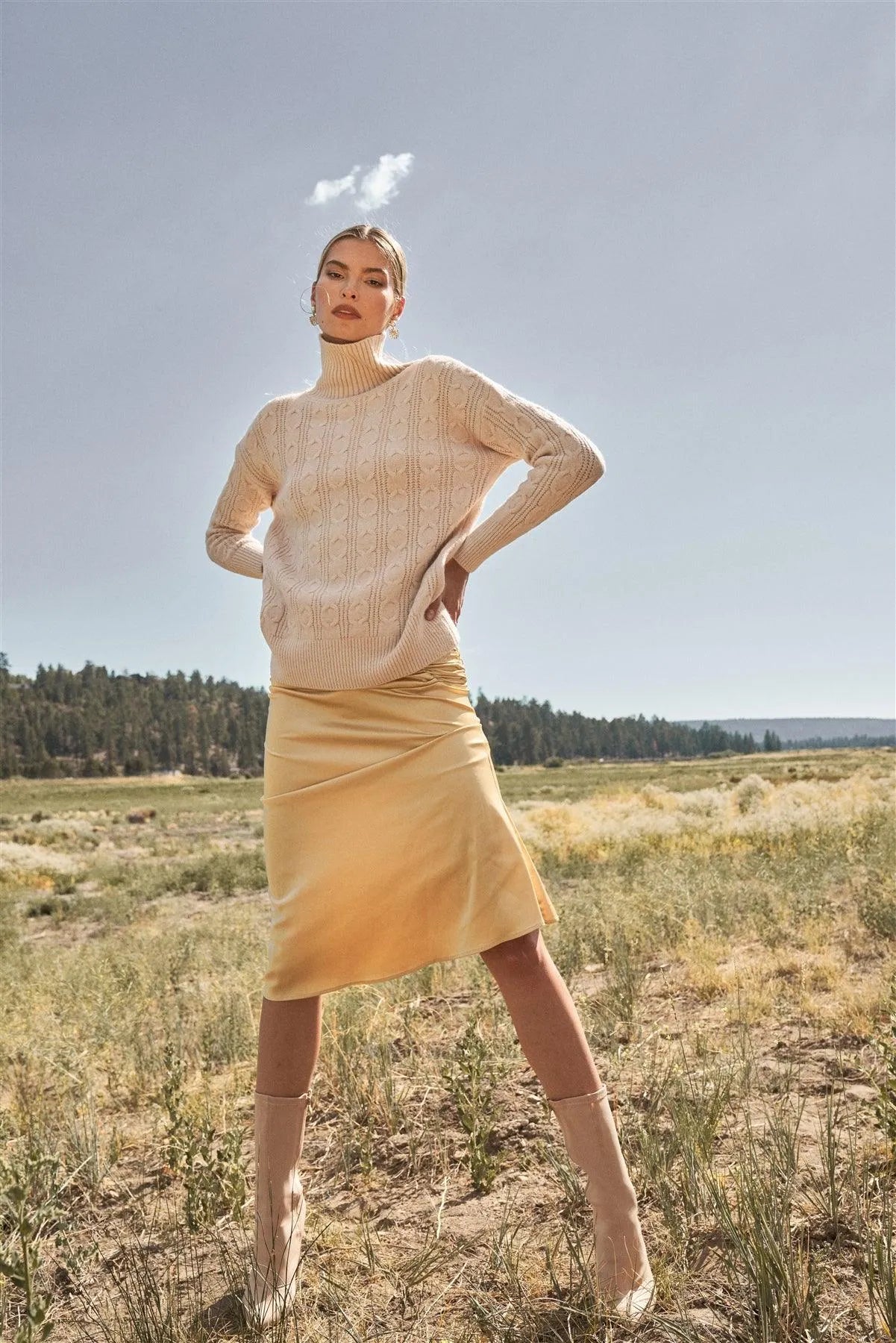 Apricot-Taupe Cable Knit Turtle Neck Long Sleeve Dropped Shoulders Loose Fit Sweater In One Size / 6 Pieces