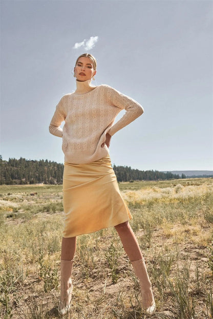 Apricot-Taupe Cable Knit Turtle Neck Long Sleeve Dropped Shoulders Loose Fit Sweater In One Size / 6 Pieces