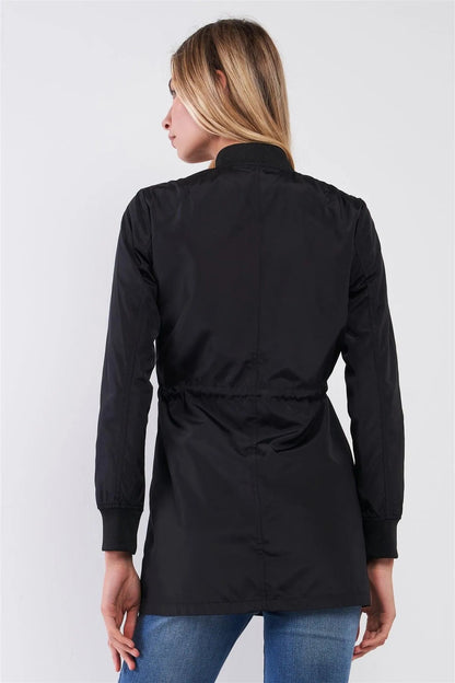 Black Drawstring Trim Zip-Up Fitted Coach Rain Jacket /2-2-2