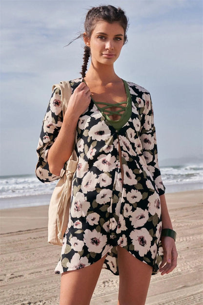 Black Floral Print Loose Fit Wide Kimono Style Midi Sleeve Tunic Cover Up Top /1-2-2-1