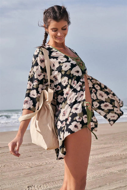 Black Floral Print Loose Fit Wide Kimono Style Midi Sleeve Tunic Cover Up Top /1-2-2-1