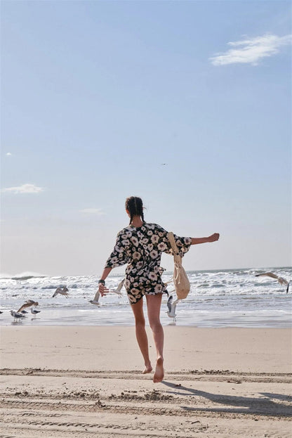 Black Floral Print Loose Fit Wide Kimono Style Midi Sleeve Tunic Cover Up Top /1-2-2-1