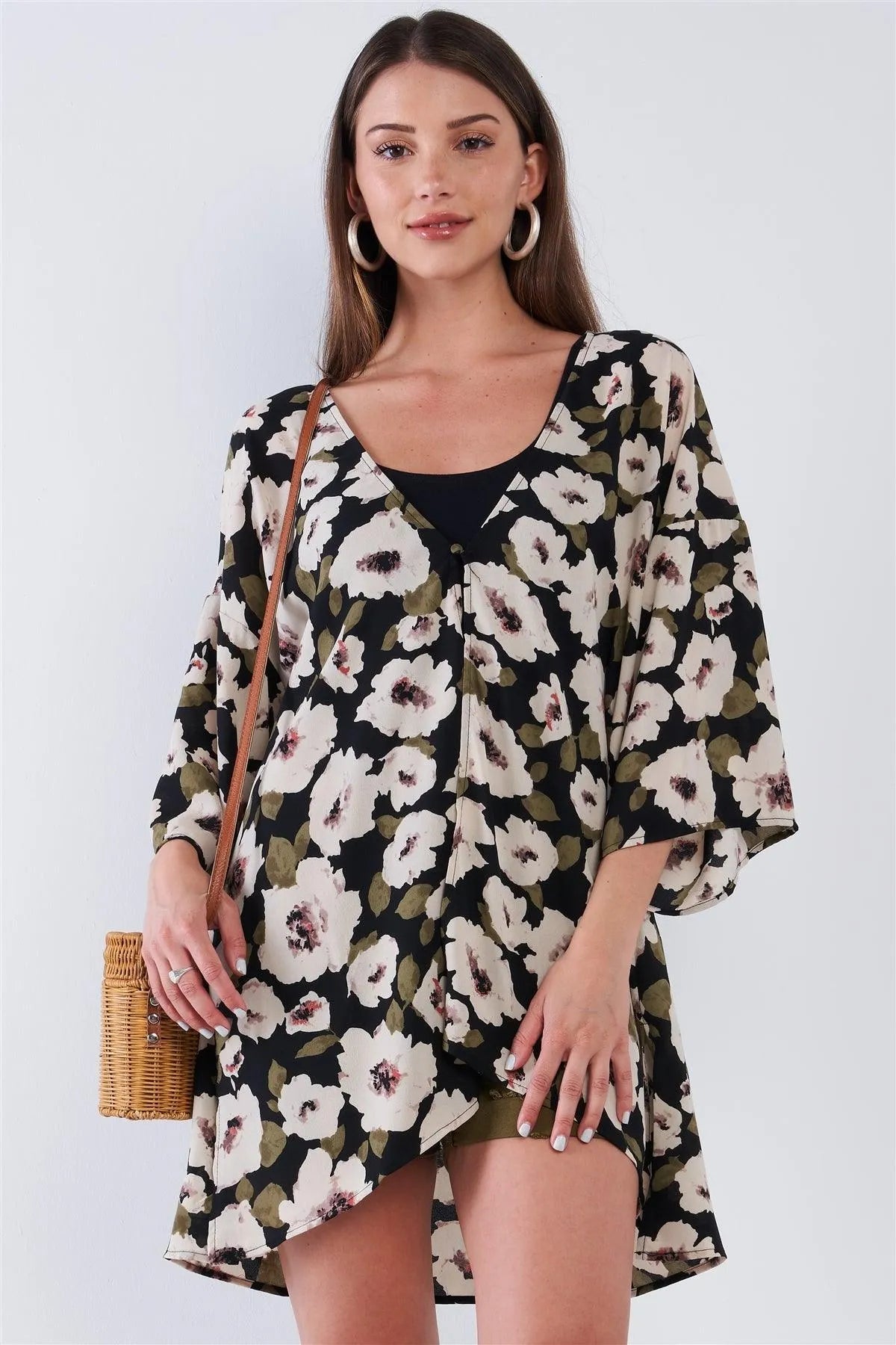 Black Floral Print Loose Fit Wide Kimono Style Midi Sleeve Tunic Cover Up Top /1-2-2-1