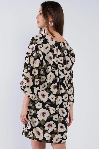 Black Floral Print Loose Fit Wide Kimono Style Midi Sleeve Tunic Cover Up Top /1-2-2-1