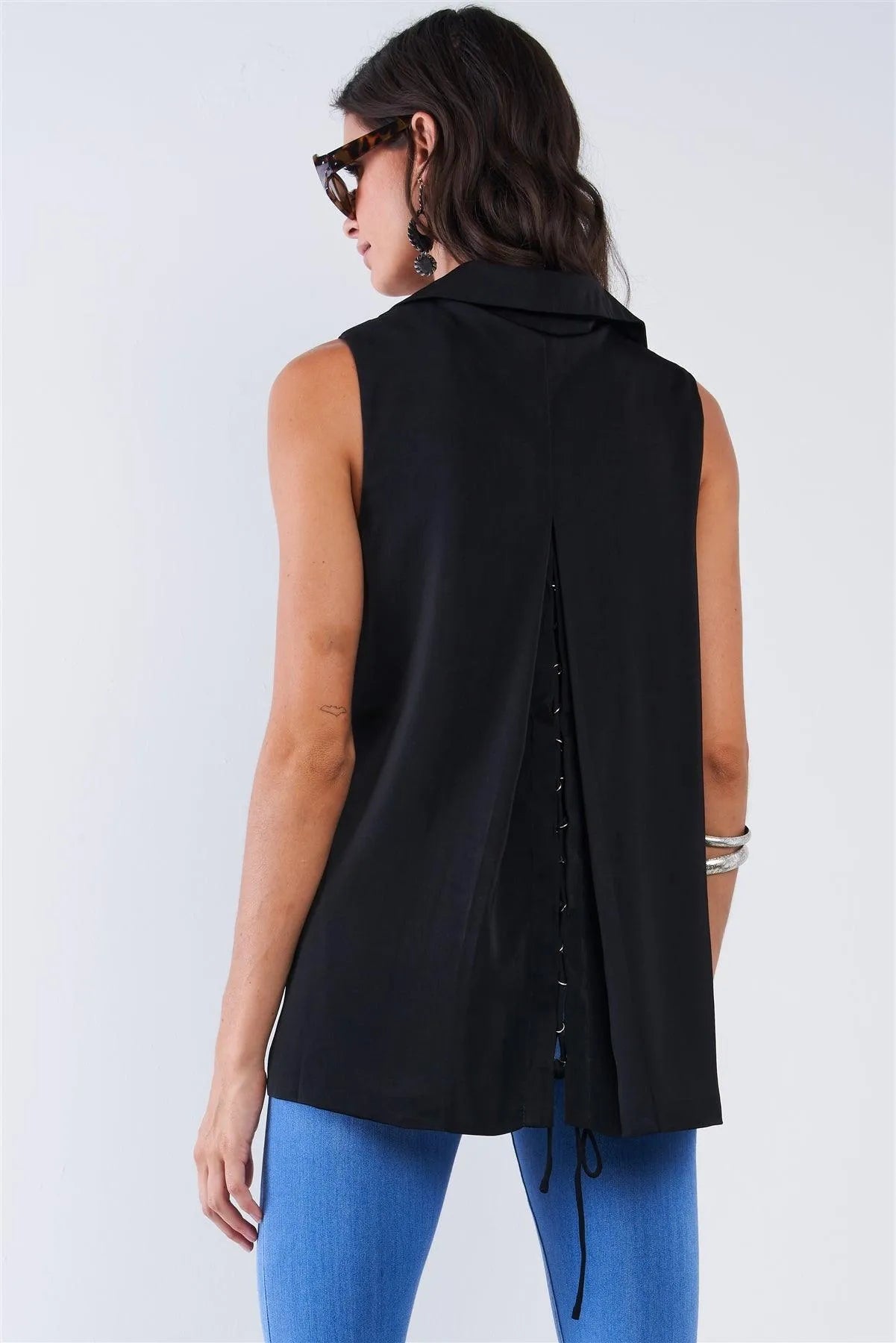 Black Corset Back Open Front Collared Sleeveless Vest With Pockets /1-2-2-1