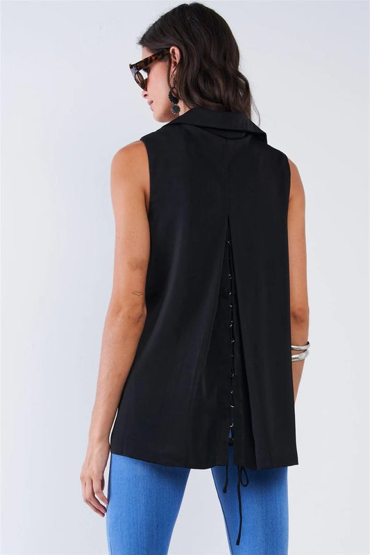 Black Corset Back Open Front Collared Sleeveless Vest With Pockets /1-2-2-1