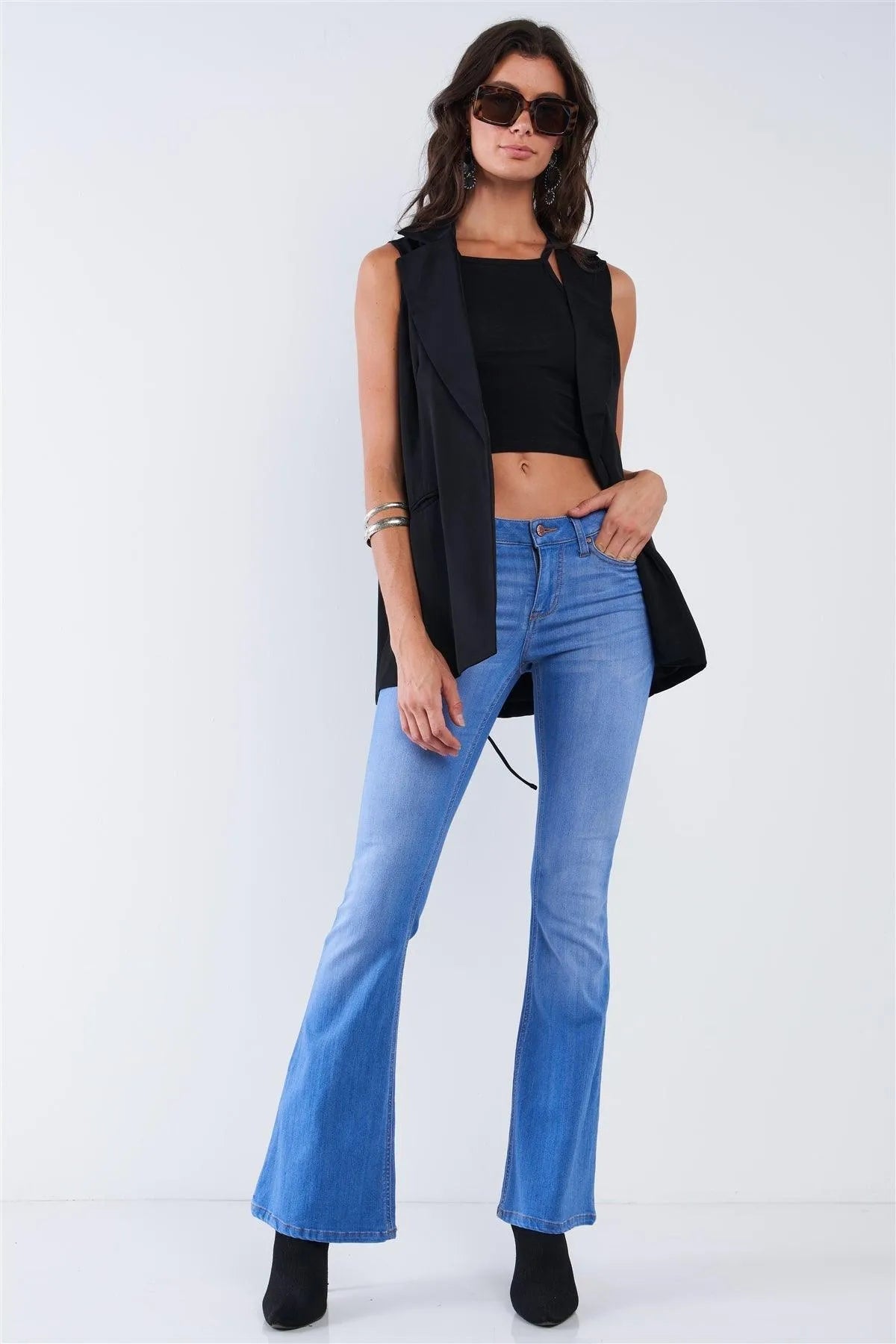 Black Corset Back Open Front Collared Sleeveless Vest With Pockets /1-2-2-1