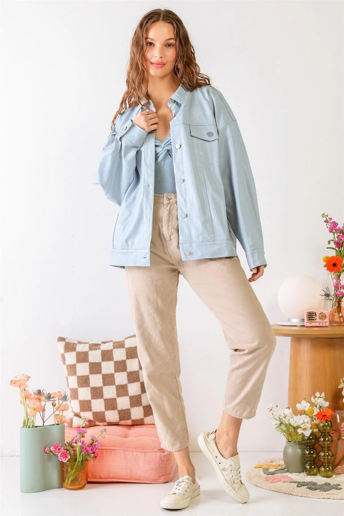 Baby Blue Faux Leather Button-Up Four Pocket Collared Neck Long Sleeve Jacket /1-2-2-1