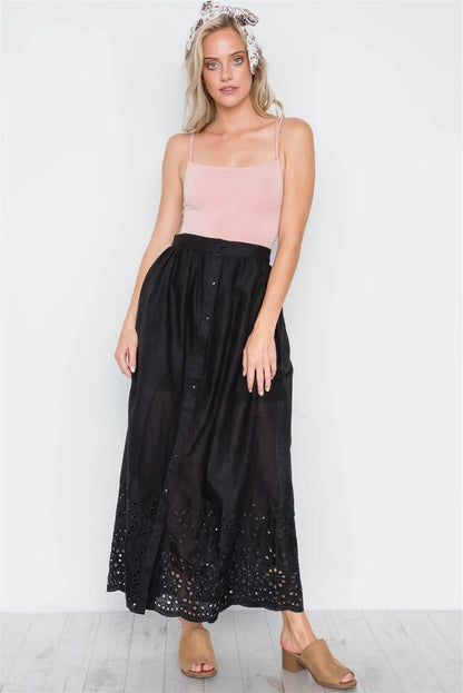 Black Floral Embroidery Maxi Boho Skirt /2-2-2