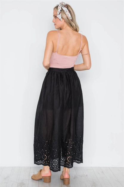 Black Floral Embroidery Maxi Boho Skirt /2-2-2