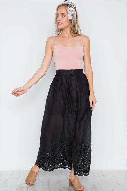 Black Floral Embroidery Maxi Boho Skirt /2-2-2