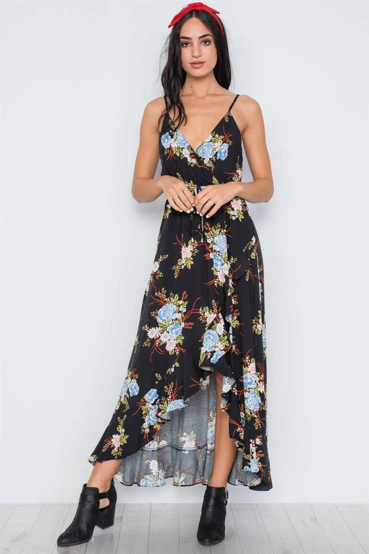Black Floral Print High-Low Maxi Dress /1-3-2-1