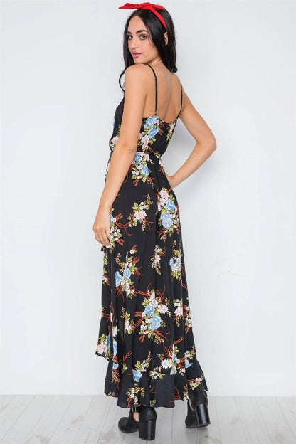 Black Floral Print High-Low Maxi Dress /1-3-2-1