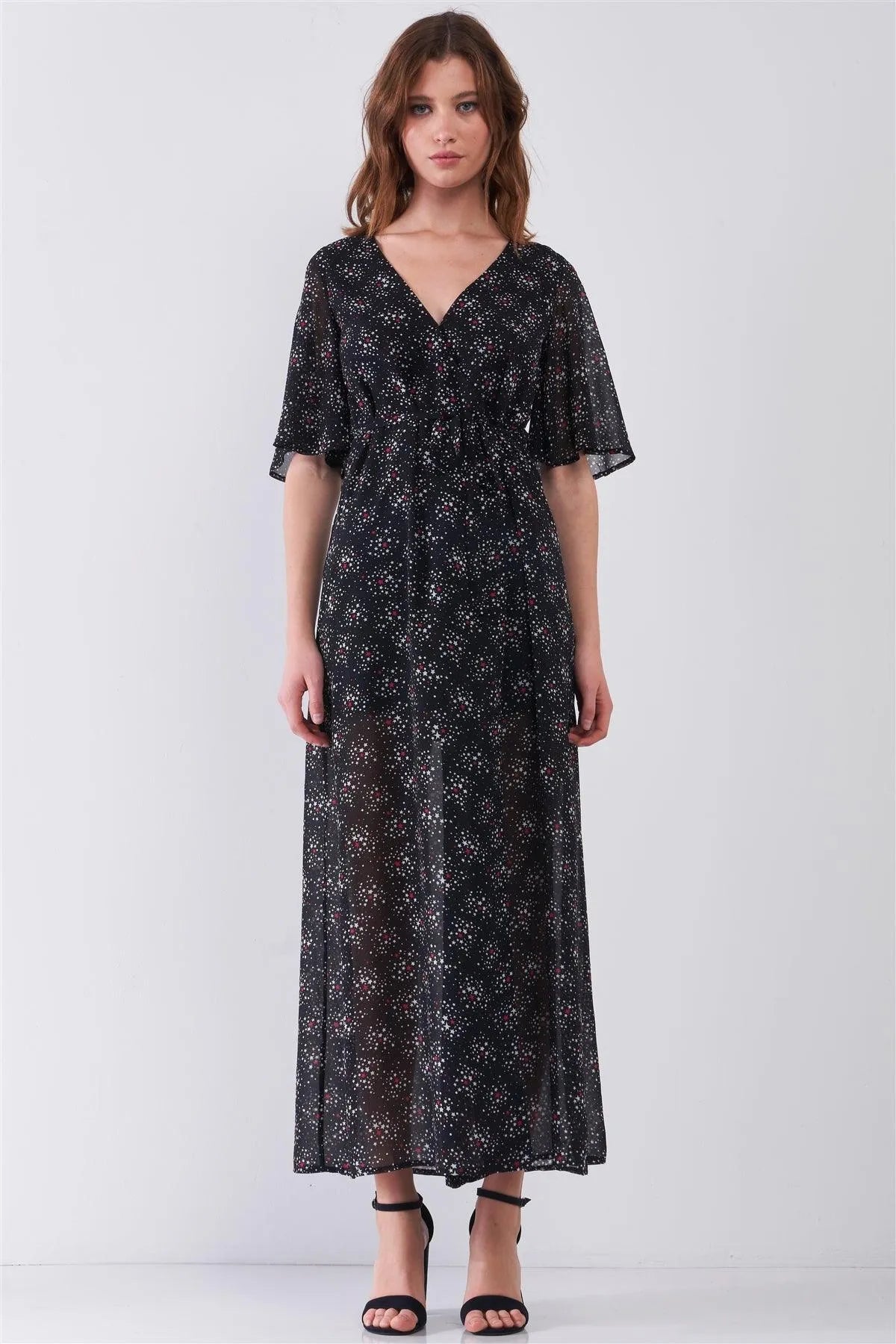 Astra Black Multicolor Star Print Wrap Front Flare Sleeve V-Neck Self-Tie Waist Slit Maxi Dress /1-2-2-1