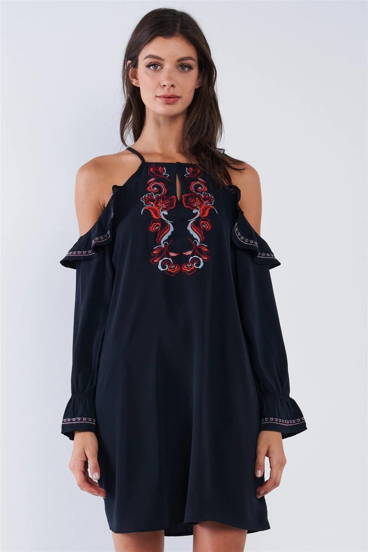 Black Boho Floral Embroidery Ruffle Mini Dress