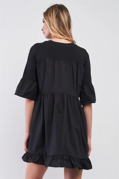 Black Combined Bell Midi Sleeve Tiered Frill Hem Detail Loose Mini Dress /2-2