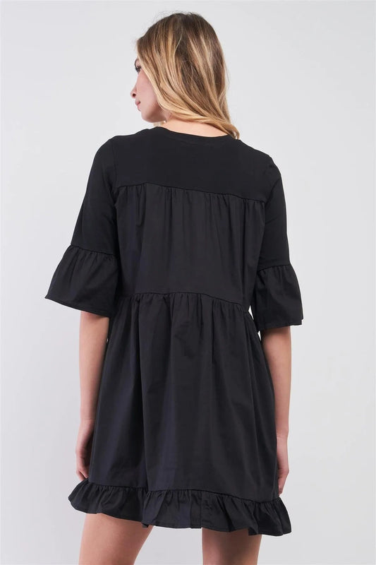 Black Combined Bell Midi Sleeve Tiered Frill Hem Detail Loose Mini Dress /1-2-2-1