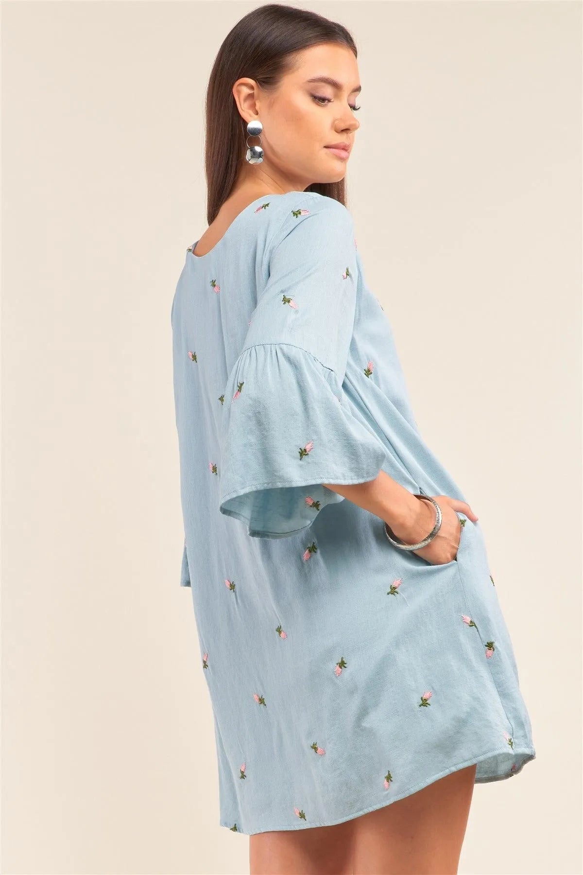 Baby Blue Floral Embroidery V-Neck Mini Dress