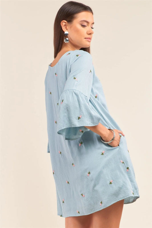 Baby Blue Floral Embroidery V-Neck Mini Dress