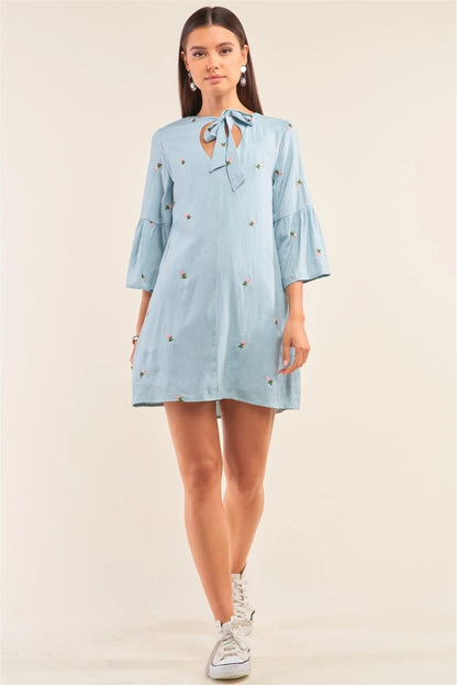 Baby Blue Floral Embroidery V-Neck Mini Dress