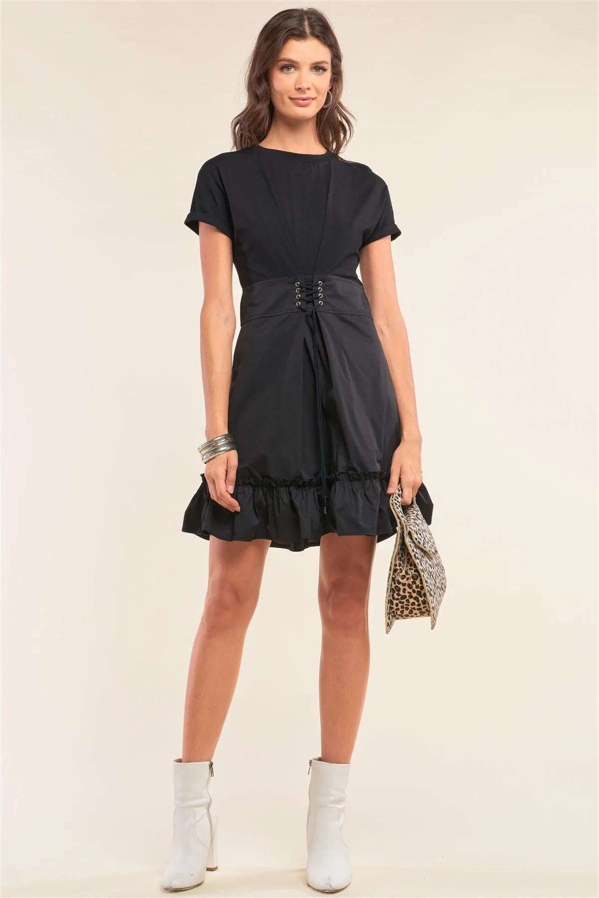 Black Crew Neck Corset Lace-Up Waist Detail Frill Hem Mini Dress /1-2-2-1