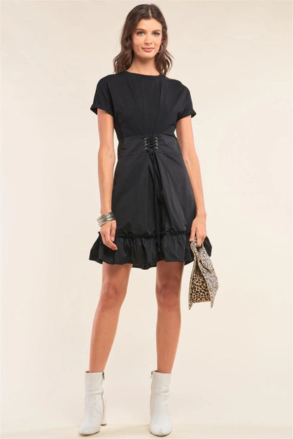 Black Crew Neck Corset Lace-Up Waist Detail Frill Hem Mini Dress /1-2-2-1
