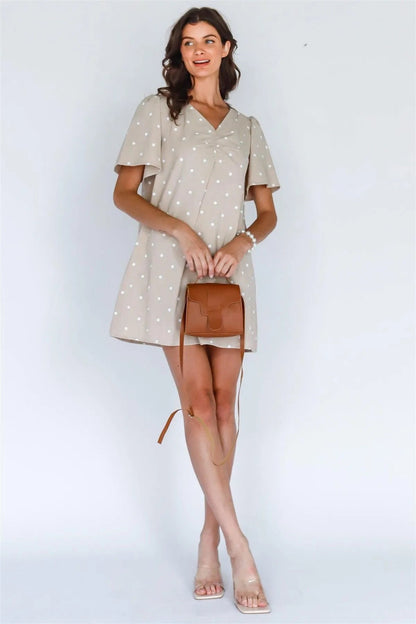 Beige & White Polka Dot Cotton Flare Short Sleeve Dress