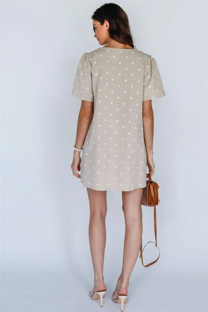 Beige & White Polka Dot Cotton Flare Short Sleeve Dress