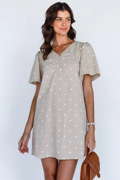 Beige & White Polka Dot Cotton Flare Short Sleeve Dress