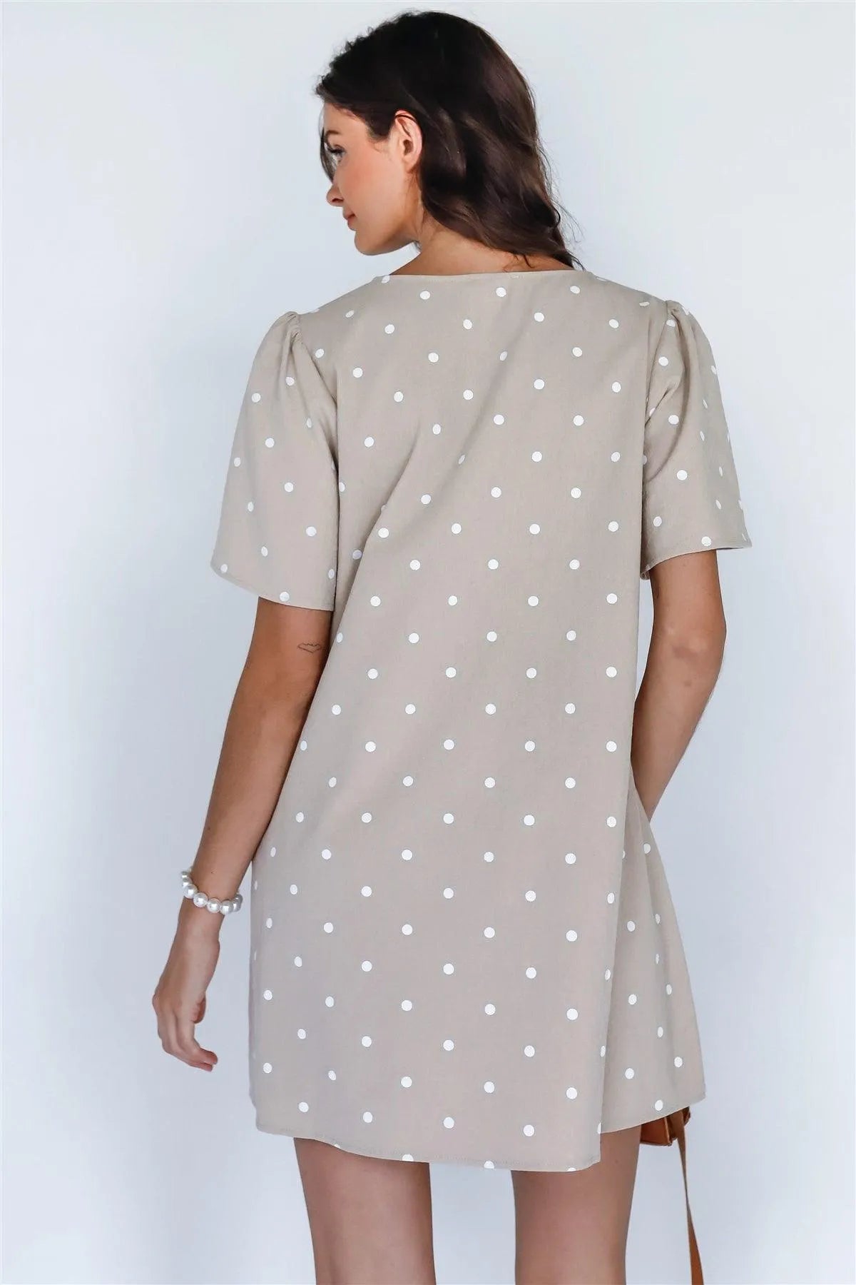 Beige & White Polka Dot Cotton Flare Short Sleeve Dress