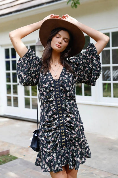 Black Floral Print Ruched Balloon Sleeve Mini Dress