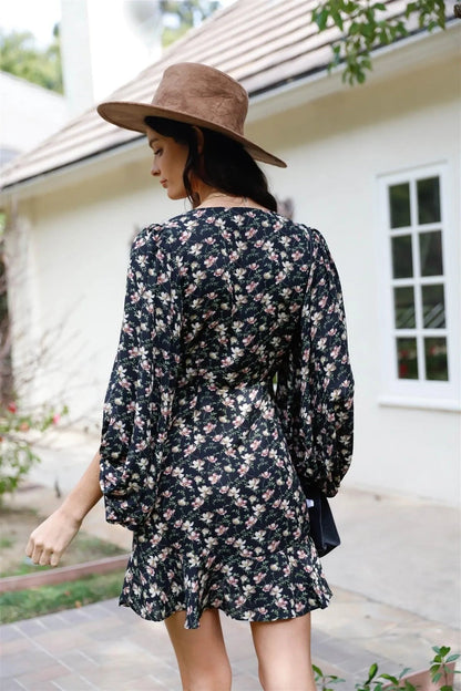 Black Floral Print Ruched Balloon Sleeve Mini Dress